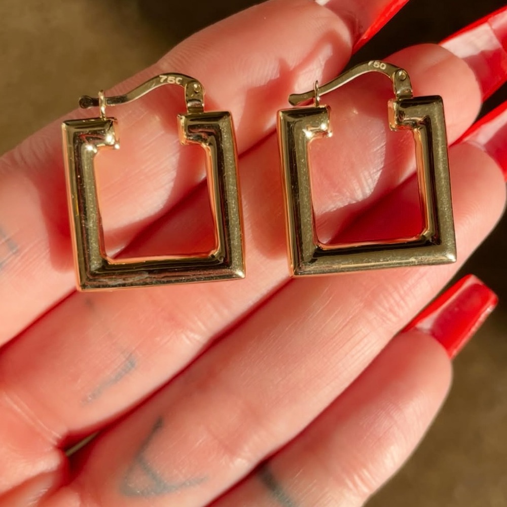 18K Solid Yellow Gold Square Hoop Earrings